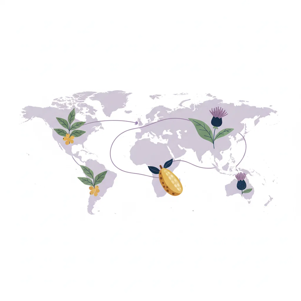 Illustrated world map showing plant ingredient origins across four continents