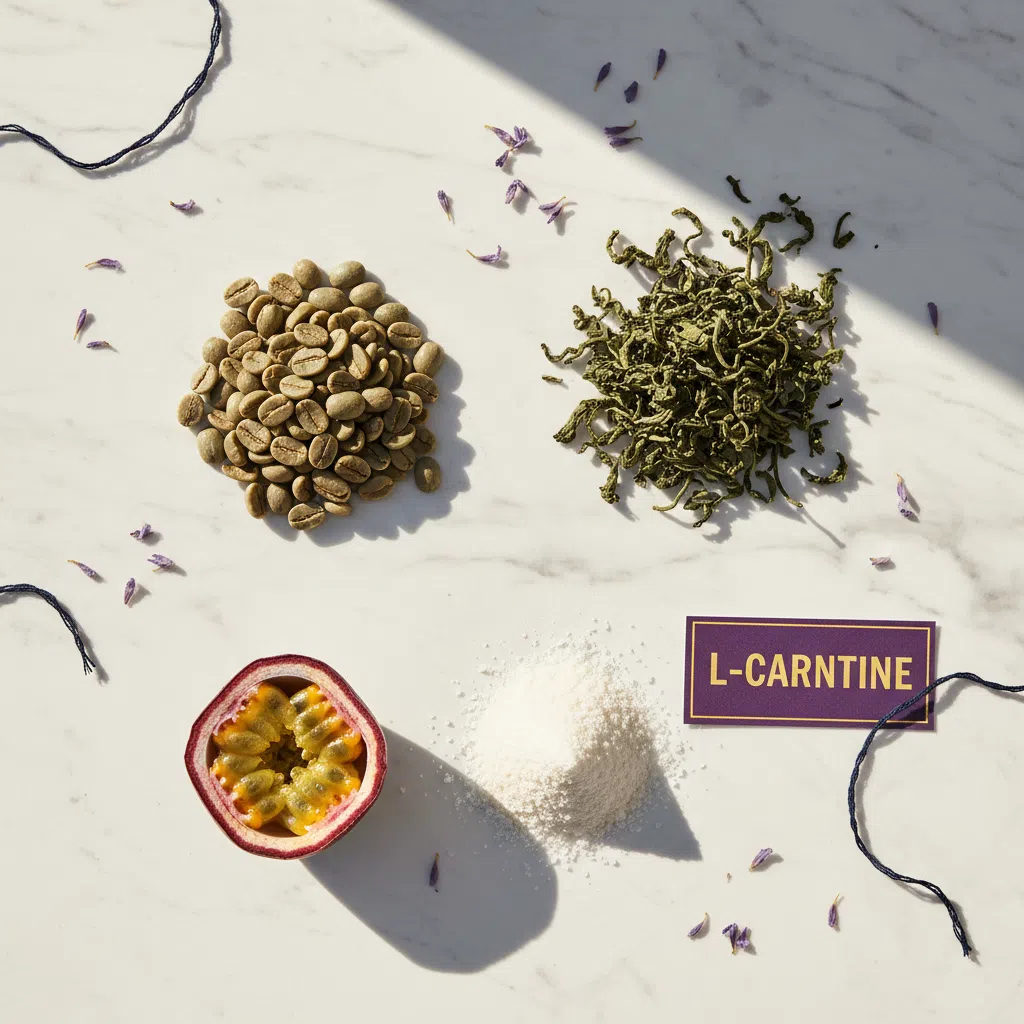 Flat-lay of green coffee beans, green tea leaves, passion fruit and L-Carnitine powder - key ingredients in Wellaray Coffee